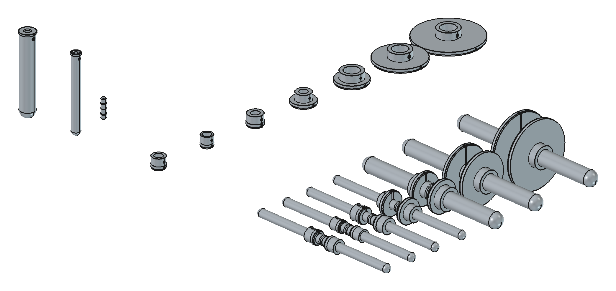 Coating-mask jig family: brass rod arms, coupler, and per-SKU mask caps