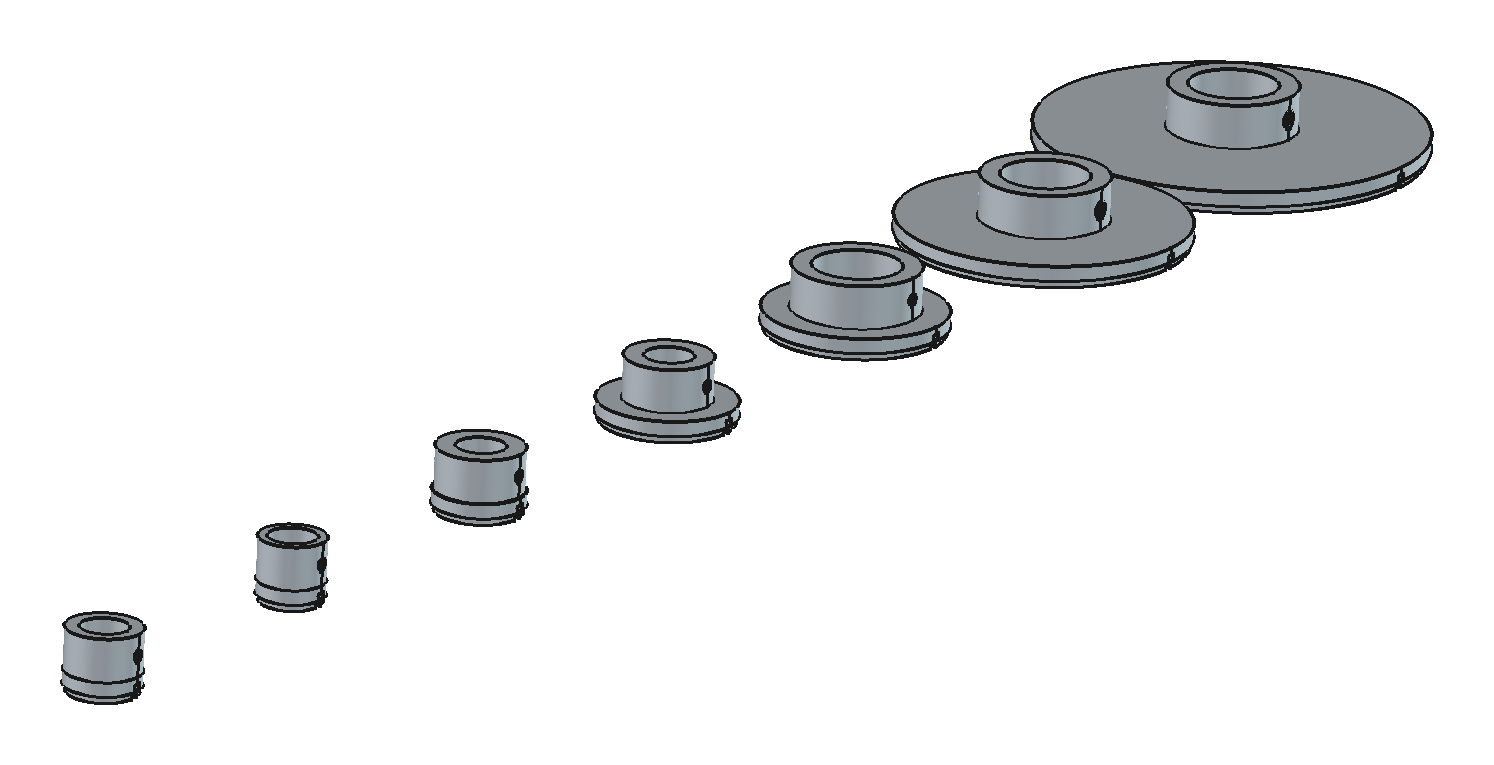 Mask caps for every SKU, S32 to S100 — register spigot, mask flange, set-screw hub