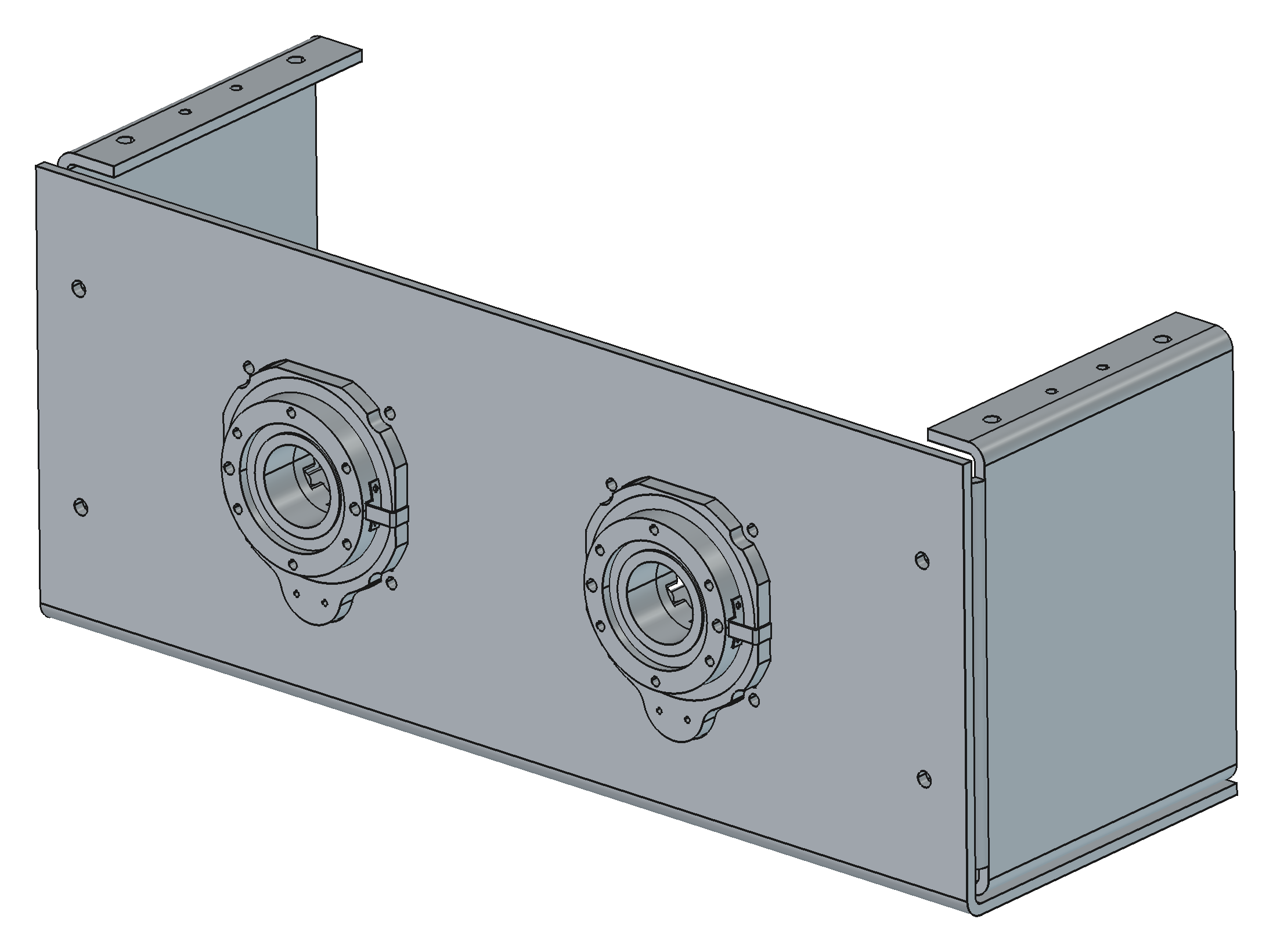 Same assembly from the operator side: output platforms through the cutouts, hollow-bore passthrough open