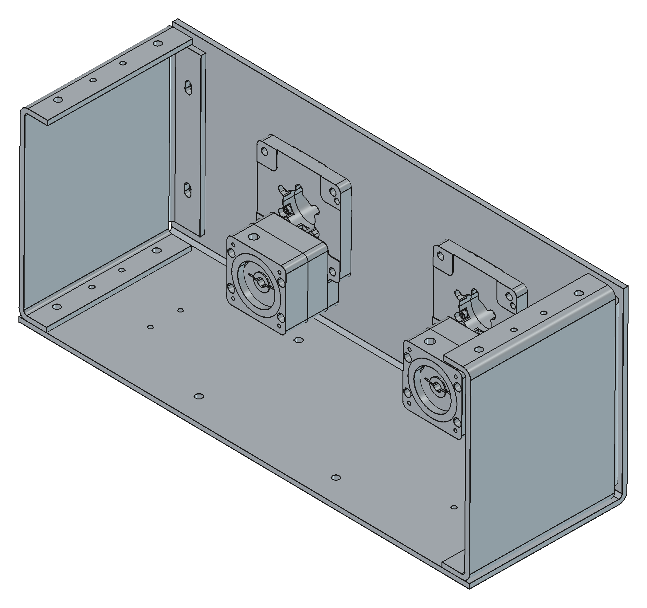 Fly wall from behind: HRP85 bodies seated in the silhouette cutouts, universal side plates boxing the L