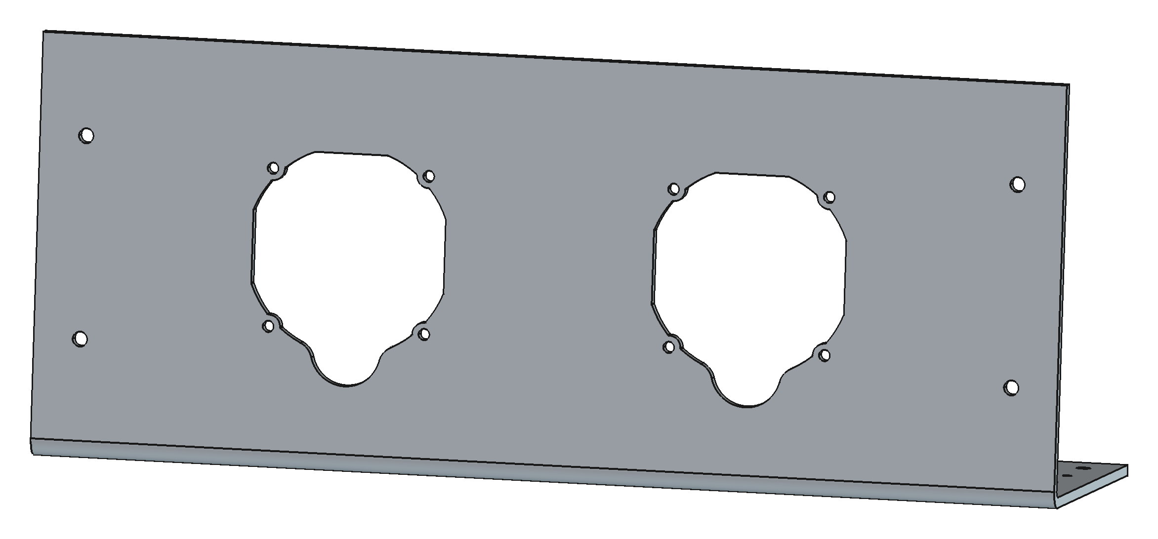 Fly plate face-on — silhouette cutouts sliced from the vendor STEP, tapped M6 pattern, deck-hole columns