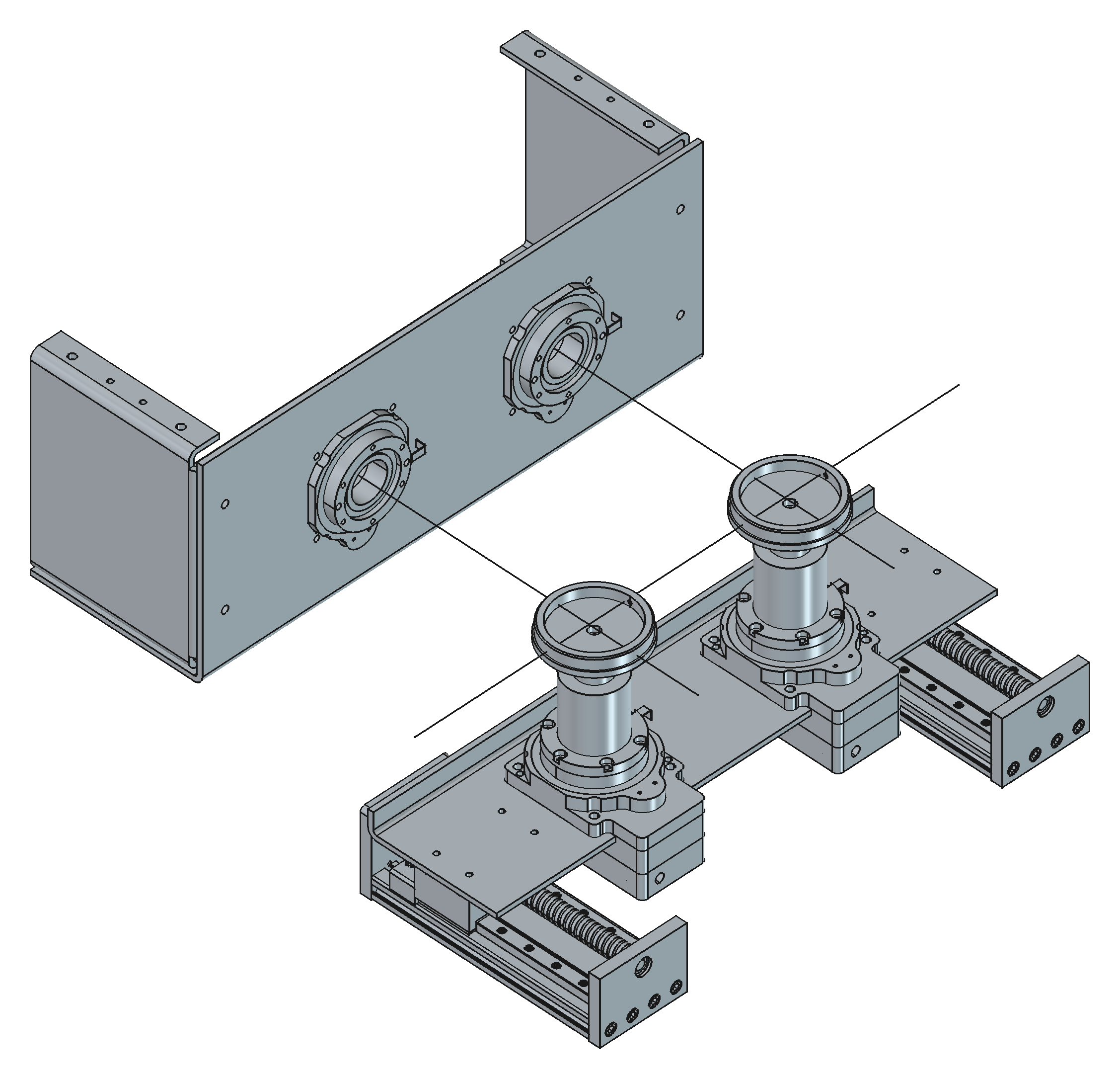 Full positioned assembly in the machine frame: fly wall at the rear, spindle base in front pointing back at it, datum lines through the HRP85 axes