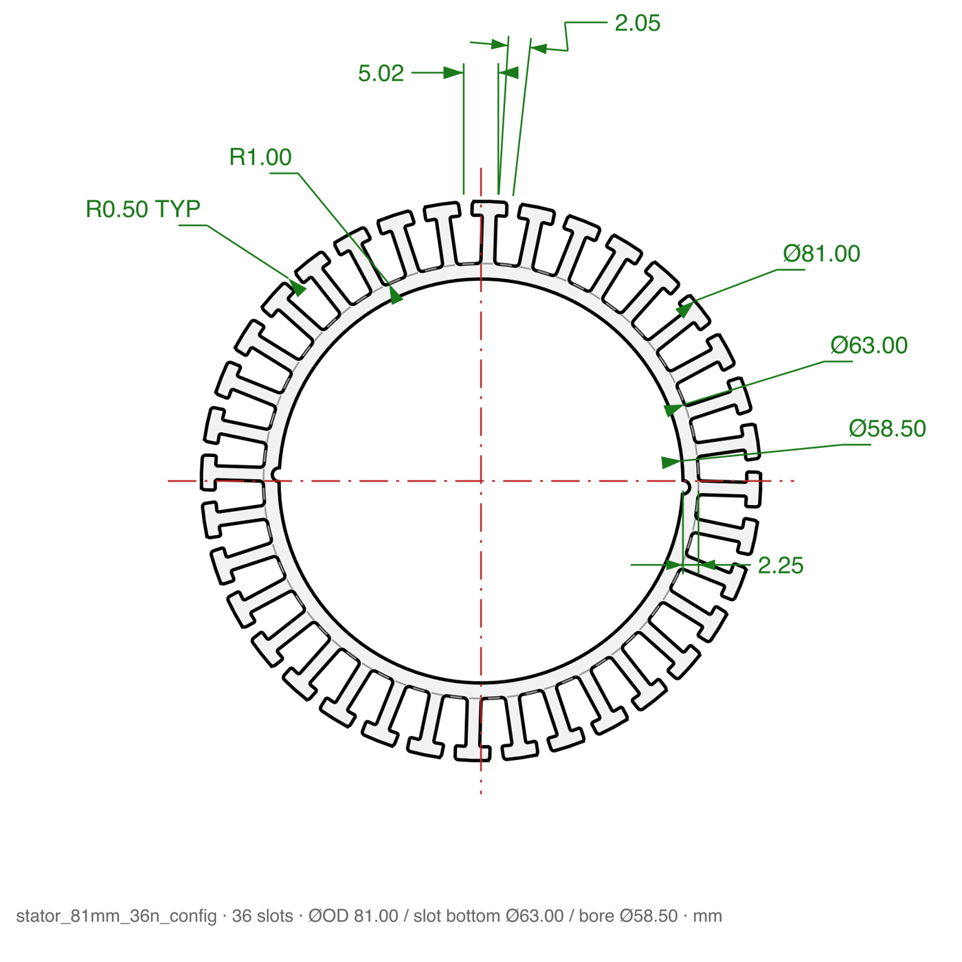 Dimensioned lamination drawing for the 81 mm / 36-slot stator, generated straight from its YAML